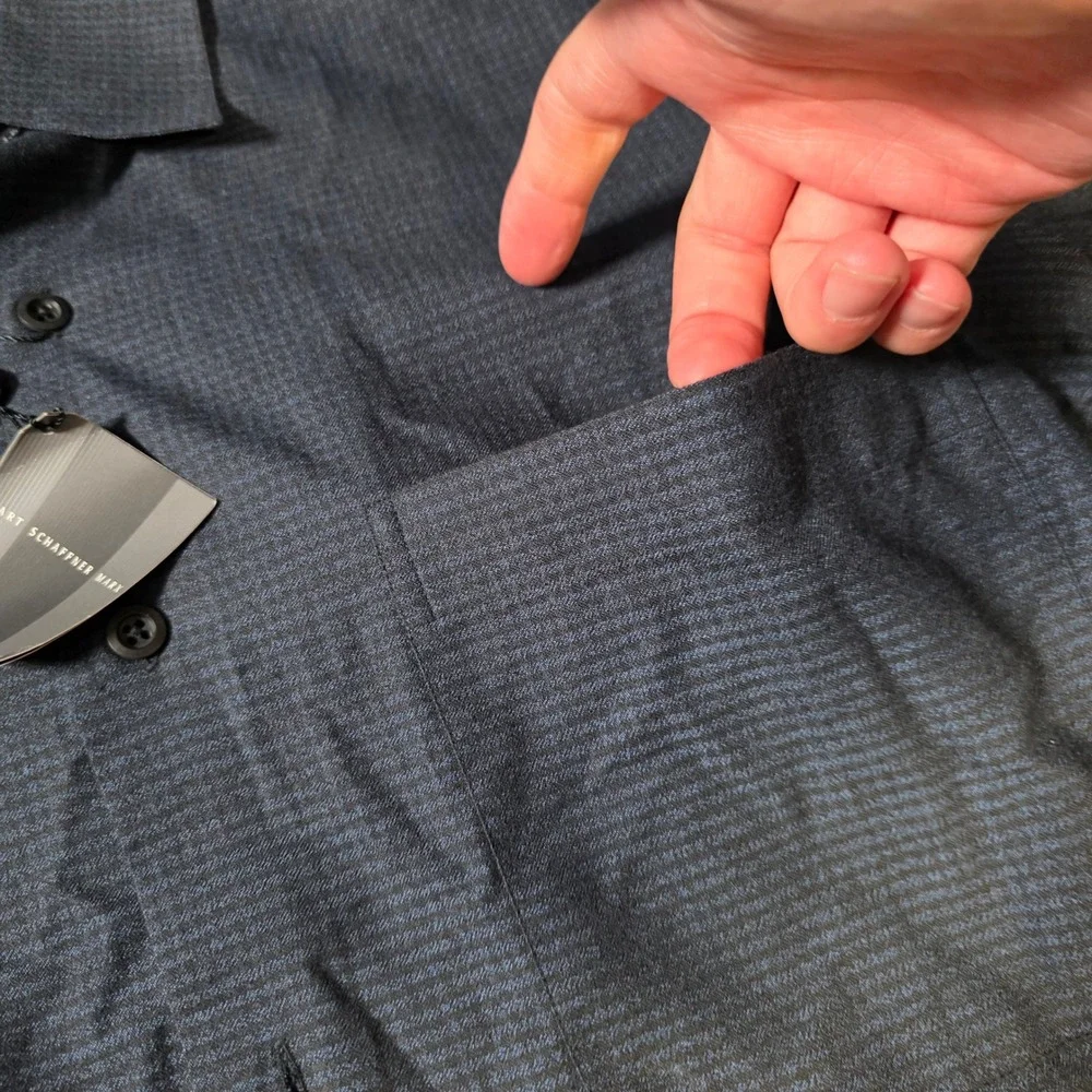 Hart Schaffner Marx Mens M‎ Button Down Shirt Navy Blue Micro Check Long Sleeve